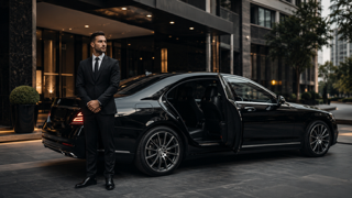 Professional chauffeur waiting beside a luxury sedan for hourly car service